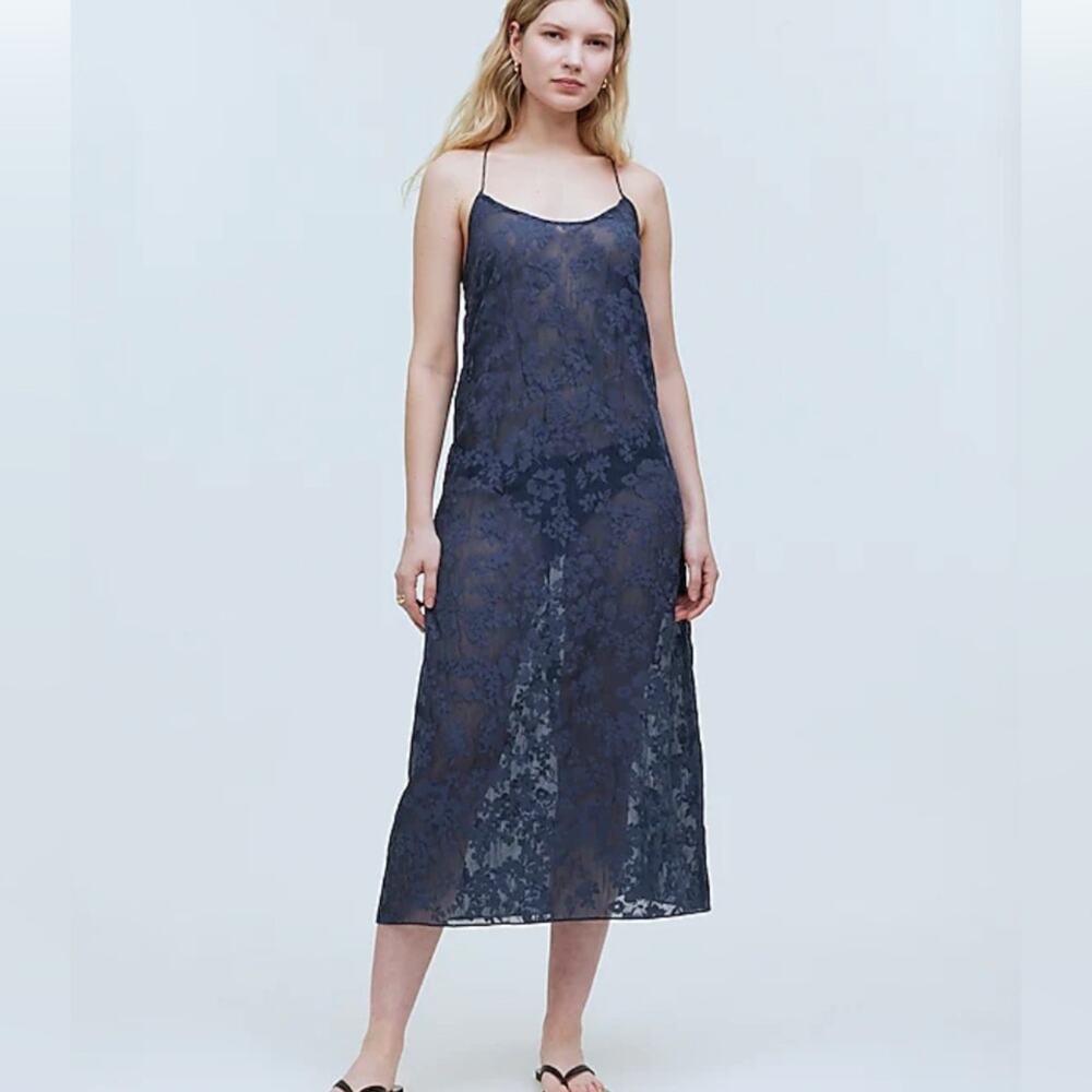 Madewell Floral Halter Deep Blue Burnout Sheer Midi Slip Dress NEW